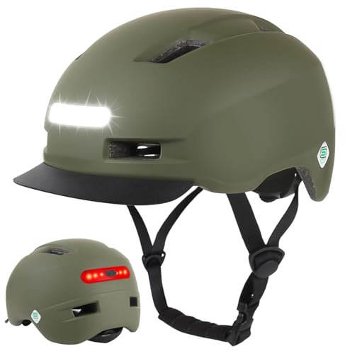 Shinmax Fahrradhelm Herren Damen, Helm Fahrrad mit USB Licht 5 Modi Fahrradhelm mit Visier, Mountainbike Helm Rennradhelm Erwachsen für Scooter Urban Pendler Green XL