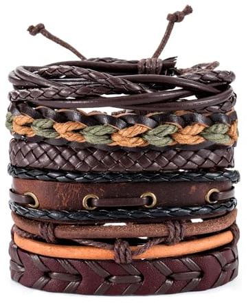 AKSIQIOL Lot de 6 bracelets en cuir réglables punk en corde tressée pour homme et femme, bracelets vintage avec perles en bois, taille unique, Alliages de haute qualité, Pas de gemme
