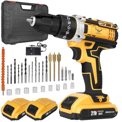 JENABOM Cordless Drill Set 21V, Electric Screwdriver with 2 Batteries 2000mAh, 25+3 Torque Cordless Hammer Drill, 2-Speed, 42N.m Max, LED Work Light for Home and Garden DIY Project