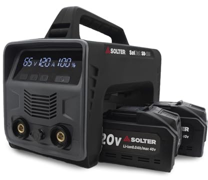 Solter SOLBAT 120A – Soldador MMA portátil a batería (2x BAT-20V 8Ah) – Autonomía 60 min – Electrodo Ø3.2 mm – Conexión DINSE 10-25 – Ideal para reparaciones sin red eléctrica