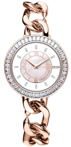 CIGA Design Sparkle Montre Femme Quartz, Lunette Moissanite, Cadran Nacre, Verre Saphir, Boîtier Or Rose, Bracelet Chaîne Cubaine Or Rose