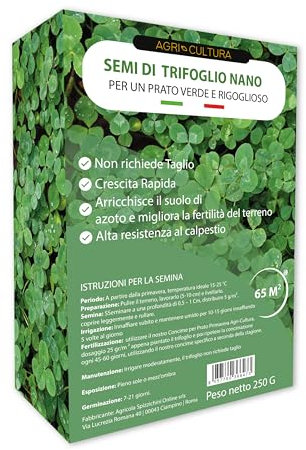 AGRI-CULTURA® | Semi Trifoglio Nano 65m² | Prato Sempre Verde Senza Taglio | Fissa l' Azoto migliorando la struttura del terreno | Alta Resistenza al Freddo | Ideale Sole e Ombra.