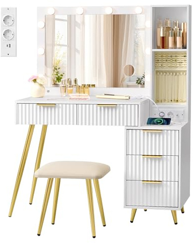 VASAGLE Tocador con Espejo y Taburete, Mesa de Maquillaje con Cajones, Lupa de 10x, Iluminación LED, Bandeja para Joyas, Enchufe Múltiple, 40 x 110 x 135 cm, Blanco Nube RVT020WB01