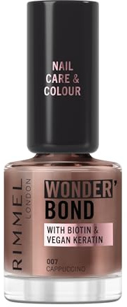 Rimmel Wonder'Bond Care + Colour Nail Polish, 007 Cappuccino, Restores & Strengthens Nails, Infused with Biotin & Vegan Keratin, Chip-Resistant, Glossy Finish, Buildable, 12ml