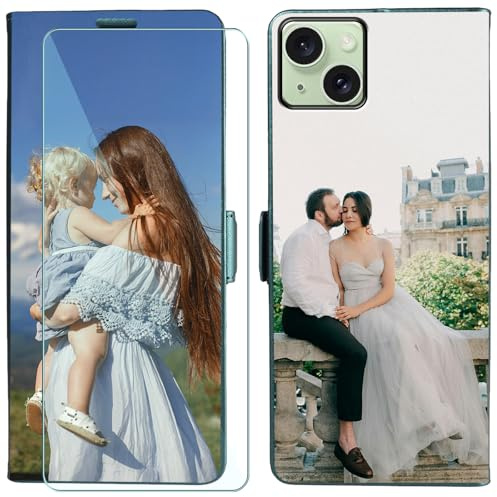 FortiCase Personalisierte Hülle für iPhone 14,Flip Leder Hülle Kartenfach Standfunktion Case,mit Eigenem Foto Bild Text Personalisiert Handyhülle - Green-K1