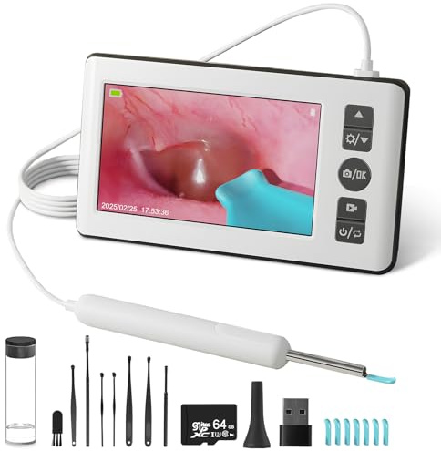 Otoscopio Limpiador de Oídos, 4.3 '' 1080p HD IPS Endoscopio de Oído con 6 Endoscopio LED, Boucher y Play, 3,5 mm Profesional Otoscopio con 64G Tarjeta de Memoria para Niños y Adultos