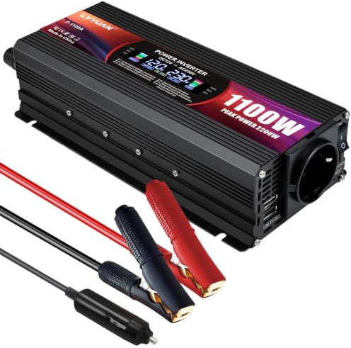 LVYUAN Wechselrichter 1000W Dauerleistung 2000W Spitzenleistung DC 12V auf AC 230V Spannungswandler 1 AC Buchse 2 USB-Anschluss Stromwandler Inverter
