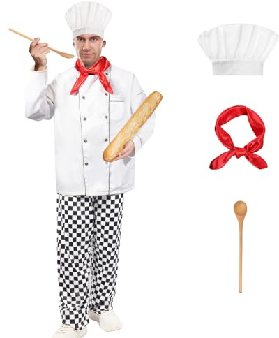 Boyigog Costume da chef da uomo, per Halloween, da cucina, da chef, con pantaloni a scacchi in bianco e nero, sciarpa, cucchiaio, costume da cuoco per Halloween, carnevale, cosplay, feste, (L)