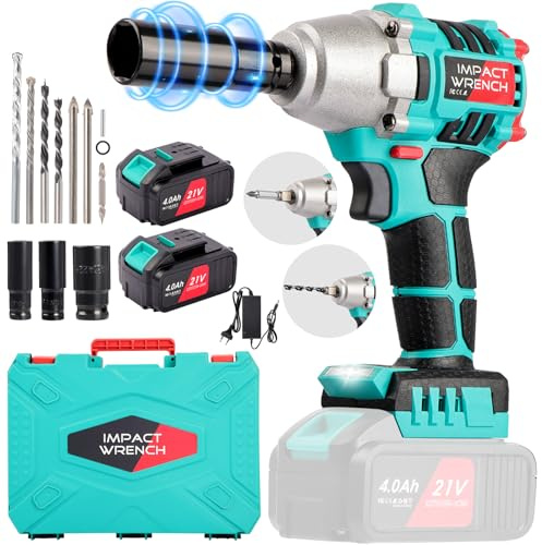Avvitatore a Impulsi 21V con 2 Batterie 4.0Ah: 350Nm 2600RPM Avvitatore Pneumatico Elettrico Brushless con Set Teste per Gomme Auto, Avvitatore a batteria Ideale per Officina, Fai da Te e Meccanici