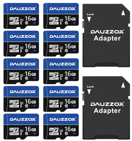 10er-Pack 16 GB Micro SD Karte, DAUZZOX MicroSDHC U1 C10 UHS-I TF Karte, Bis zu 80 MB/s, Speicherkarte Micro SD für Smartphone, Kamera, Überwachungsgeräte, Dash Cam, mit 2 Adapters