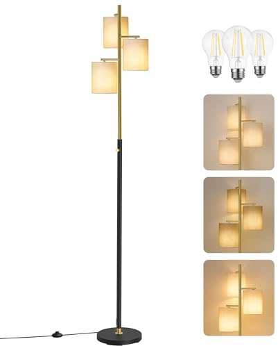 VASAGLE Floor Lamp for Living Room, Modern Standing Lamp with 3 Bulbs, Adjustable Brightness, Fabric Lampshade, 3 E27 Sockets, for Bedroom, Gold and Black LFL003B03