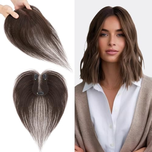 S-noilite Topper Haare für Frauen Echthaar Dunkelbraun - 100% handgeknüpfte Toupets mit Seitenpony Haar Toppers Echthaar Clip in Haarteile für Dünnes Haar 14 Gramm 27cm