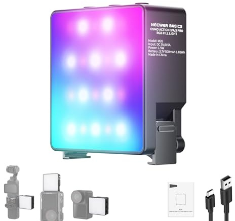 NEEWER Basics Magnetische RGB Action Kamera Videolicht Kompatibel mit DJI OSMO Nano Action 3 4 5 Pro Cage NEEWER AC009 PRO Pocket 3 Zubehör Adapter, 1,5W Fülllicht Aufsatz für Videoaufnahmen, M26