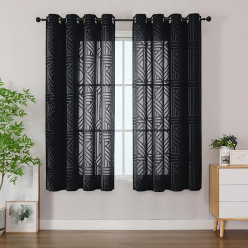 Simplebrand Halbtransparente Fenstergardine mit Ösen 2er Set, Geometrisches Ausbrenner Muster Dekoschal für Küche Bad kleines Fenster, Lichtfilternd Sichtschutz, 140x163 cm Schwarz