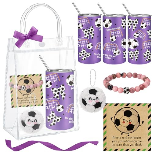 Patelai 6 Pcs Soccer Gift Bulk 15 oz Tumbler Cup with Lid and Straw Soccer Beaded Bracelet with Card Plush Keychain Plastic Bag for Sport Lover Football Team Party Favors Christmas Birthday (Purple)
