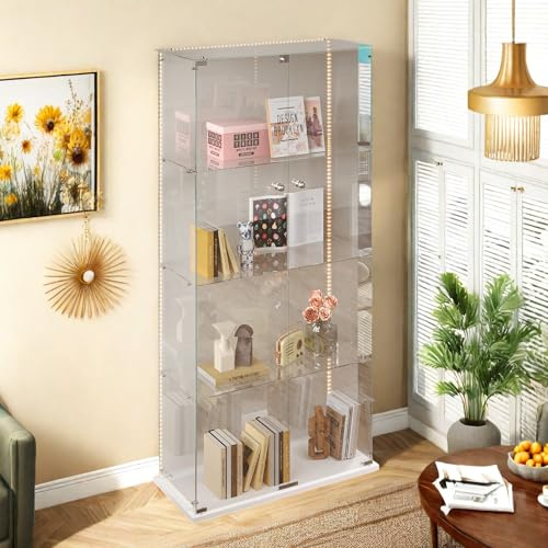 KRYZOR glasvitrinskåp med LED, 4 lager stående vitrinskåp, 2 dörrar glas vitrinskåp stående med lås, ramlös full sikt vitrinskåp, samlarvitrinskåp för levande sömn kontor (vit B, 78,5 x 35 x 163 cm)
