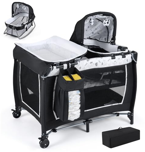 COSTWAY 5 in 1 Beistellbett Baby, Reisebett mit Matratze, Kinderreisebett inkl. Wickelauflage, Babywiege & Spieluhr, Stubenwagen mit Rollen, Babybett für Baby bis 36 Monaten (Beige)