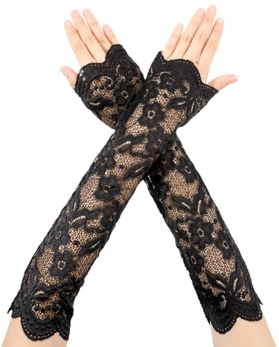 HekouJiub Women's Lace Gloves, Long Black Sleeves Floral Fingerless Gloves