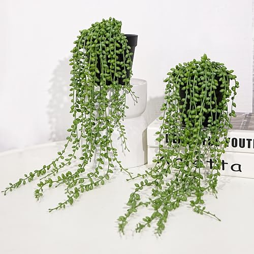 JaHe Artisan Fake String of Pearls in Black Pot, Realistic Potted Artificial Succulents Natural-Looking Faux Hanging Plants for Home Office Shelf Desk Windowsill Bathroom Garden Decor, Set of 2