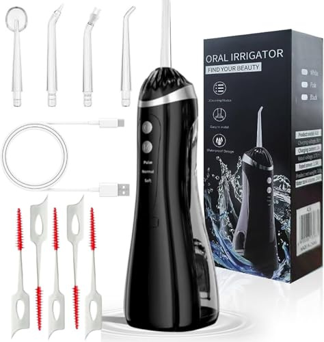 Water Flosser for Teeth Cleaning Rechargeable, Oral Care & Whitening - IPX7 Waterproof, Portable, USB Type-C Charging, 1200mAh Battery 300ml Water Tank, Hygiene with 5 Dental Floss & 4 Nozzels (Black)