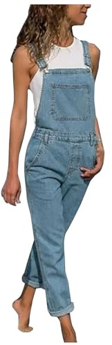 Blaue Latzhose Damen Lang Casual Jeanslatzhose Straight Wide Leg Jumpsuits Arbeitslatzhose mit Taschen Verstellbare Träger Latzhose Bib Romper Hosen Dungarees für Karneval Fasching Party