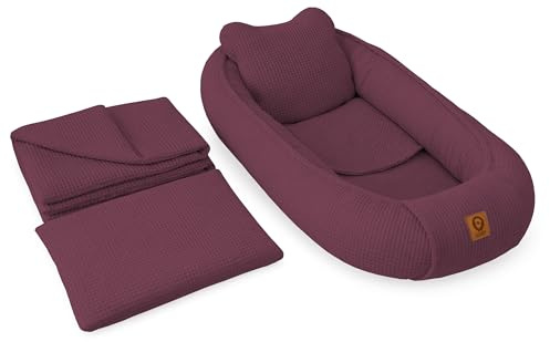 Babynestchen Neugeborene – 5-teiliges Baby Set mit Babynest aus Waffelpique Baumwolle – Nestchen Baby für Babybett & Kinderbett – Babykokon Tragbar – OEKO-TEX – Zubehör Babybett - Blaubeere