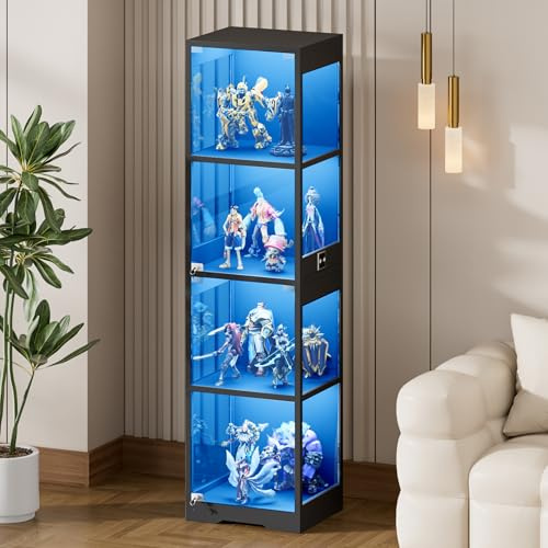 Vitrine, Glasvitrine Stehend mit LED Beleuchtung, Vitrinenschrank mit Sicherheitstemperglas und Magnetverschluss, Sammlervitrine mit Intelligenter Sensorik, 4-Lagen Staubdicht für Wohnzimmer Büro