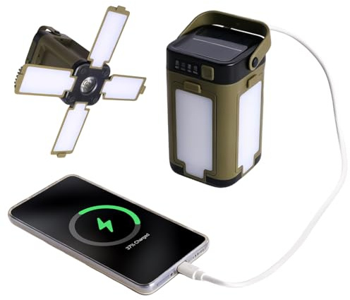 Solar Campinglaterne mit Powerbank Funktion, Camping Licht mit Solar & USB-C Ladung Camping & Outdoor Lampen 4 Klappbarer Lampenkopf, 6 Leuchtmodi, 2000 mAh für Camp, Wandern, Notfall usw