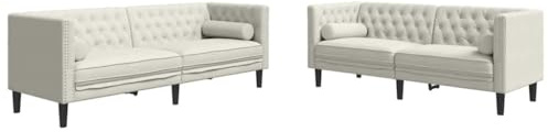 QJBSAVVA Chesterfield Sofa Set 2-teilig mit Nackenrollen, Samt Sofagarnitur 2-Sitzer und 3-Sitzer Couch, Klassisches Design mit Knopfheftung für Wohnzimmer & Büro, Creme