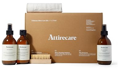 Attirecare Shoe Cleaning Kit - Leather, Boot, Trainers, Nubuck, Sneaker & Suede Cleaner - Cleaning Solution, Protector Spray, Deodorizer, Shoe Brush & Cotton Towel - Ultimate Travel Size Care Package
