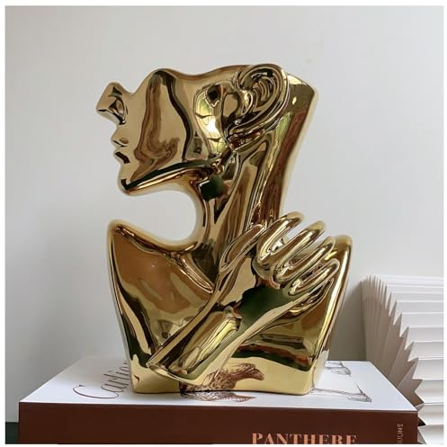 FUNSOBA Ceramics Statue Flower Vase Face Pots Bust Head Shaped for Birthday Gifts Home Office Decoration (Gold)