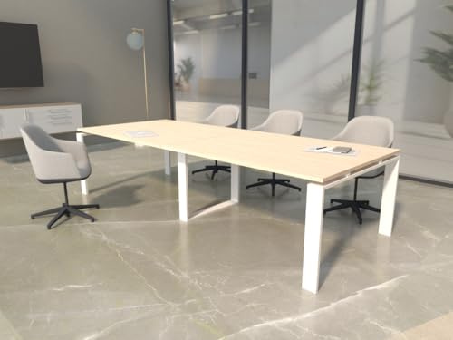 Mesa de 240x100 con Estructura metálica Marco Abierto Blanco y Tablero melaminado para Sala de Juntas, reuniones, conferencias (Roble)