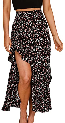 TEERFU Womens Boho Floral Skirt High Low Split Summer Beach Midi Elastic High Waist Flowy Maxi Skirts Black