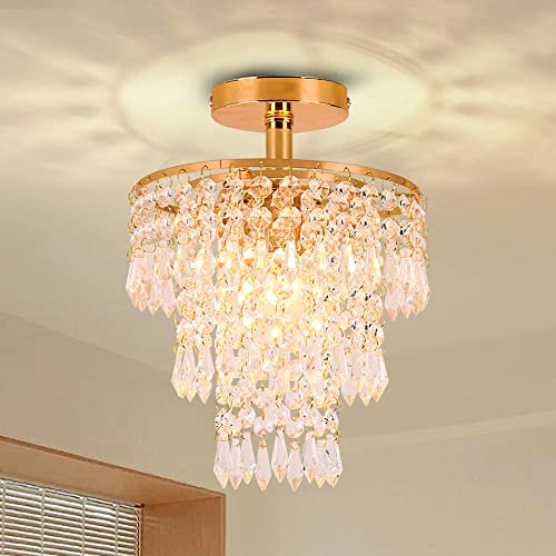 FRIXCHUR Mini lustre en cristal pour couloir, plafonnier à 3 niveaux en cristal en forme de goutte de pluie pour chambre à coucher, salon, salle à manger (doré)