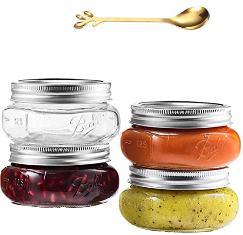 RROAD Mason Jars - Juego de 4 tarros de cristal con tapas herméticas plateadas y cinta para conservas, conservas de miel, conservas de mermelada, gelatina enlatada, con 1 cuchara