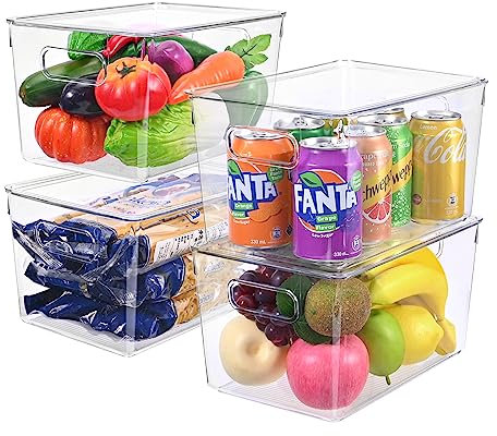Revivoer Set di 4 Organizer Frigorifero Trasparenti Salvaspazio, Perfetti Come Organizzatori per Dispensa in Plastica per Alimenti Contenitori per Frigo