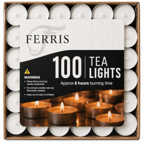 FERRIS Tea Light Candles 100 Pack | 8-Hour Long Burn Unscented Tealights | Smokeless Clean-Burning Paraffin Wax | Lead-Free Cotton Wicks | Wedding, Party, Spa, Meditation & Home Décor