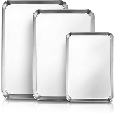 Oven Trays Set of 3, Stainless Steel Baking Tray Durable Cookie Sheet Pan, Professional Baking Sheet for Oven – Mirror Finish & Heavy Duty, Easy Clean & Dishwasher Safe