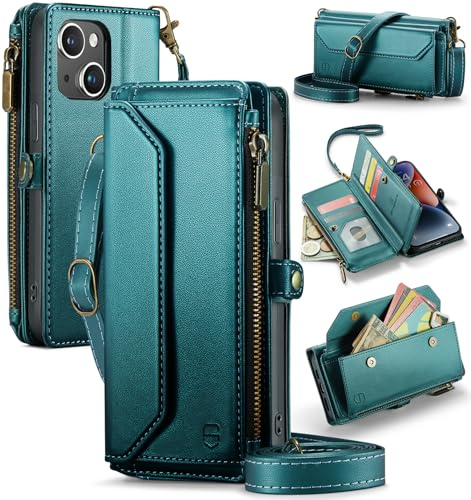 Strapurs Wallet Case Compatible with iPhone 13 RFID Blocking 7-Card Holder Soft PU Leather Magnetic Snap Shoulder Strap Zipper Pocket Phone Case Fit for iPhone 13 for Women 6.1 - Blue Green | RFID Blocking 7-Card Holder, Shoulder Lanyard, Wirst Strap, Zipper Pocket, Magnetic Snap, Soft PU Leather, Phone Flip Cover