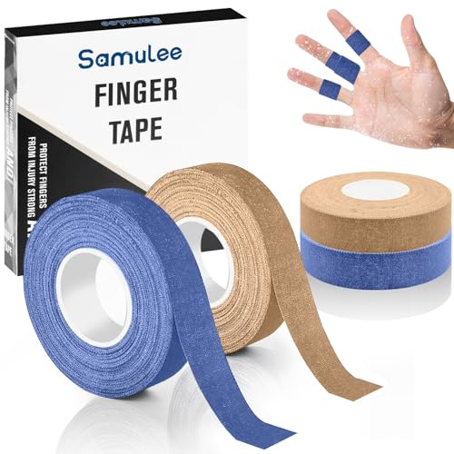 Samulee 4 Rouleaux de Finger Tape, 1,5cm de Large Boulder Tape, Ruban Escalade, Ruban Adhésif Doigt pour Bouldering Basketball Tennis Volleyball Handball Musculation (Bleu + Couleur de Peau)
