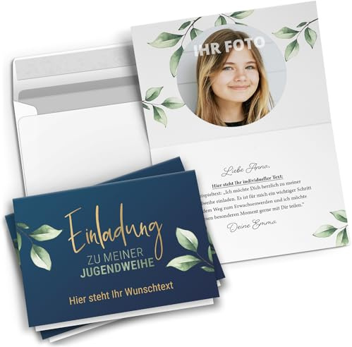 10 personalisierte Jugendweihe Einladungskarten mit eigenem Text und Foto - Blue Eukalyptus Jungen und Mädchen - Einladungen mit Umschlägen