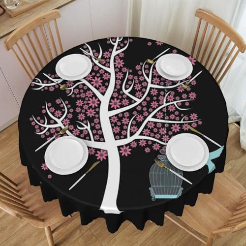 Huanjie Runde Tischdecke mit Baum mit Vogelkäfig, abwischbar, Polyester, Esstischabdeckung für Café, Restaurant, Buffet, Tischdekoration, 152,4 cm