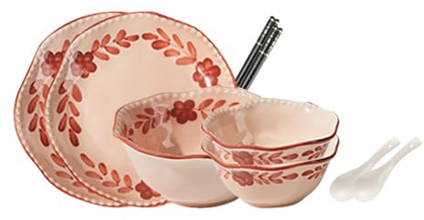 TT-YEC Rotes Keramikgeschirrset Mit Speiseteller/Dessertteller/Suppenschüssel, Für 2–10 Personen, Hochzeits- Und Geburtstagsgeschenk Mit Geschenkbox,A