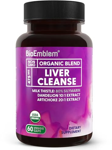 BioEmblem USDA Organic Liver Cleanse - 80% Silymarin Milk Thistle Extract for Liver Health and Liver Function with Dandelion & Artichoke Extracts - 100% Vegan, Non-GMO - Herbal Liver - 60 Capsules