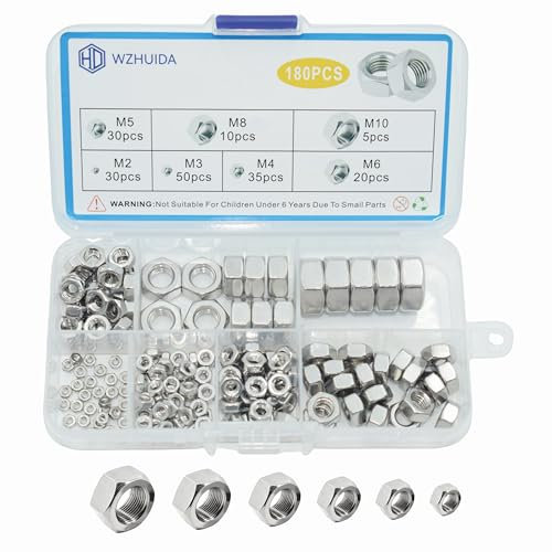WZHUIDA 180 Stück Sechskantmuttern Sortiment Set, A2-70 Edelstahl Sechskant Schraubenmuttern, M2 M3 M4 M5 M6 M8 M10 DIN934