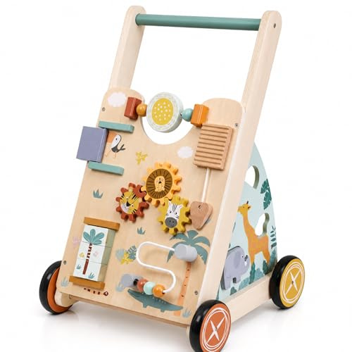 Jumini Girello in legno, Safari Push Along Activity Walker per bambini dai 18 mesi in su, camminatore per imparare i primi passi con labirinto di perline, selezionatore di forme e gioco sensoriale