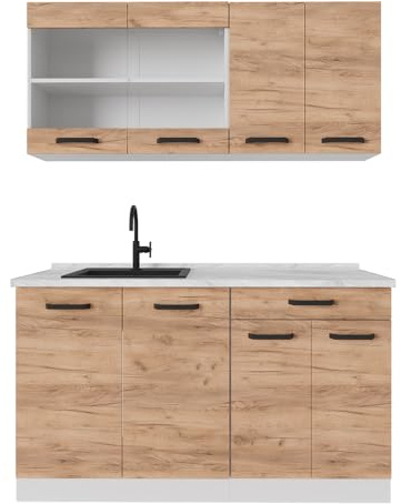 Vicco Küchenzeile R-Line, Goldkraft Eiche, 140 cm AP Eiche, geeignet für kleine Räume, modular erweiterbar
