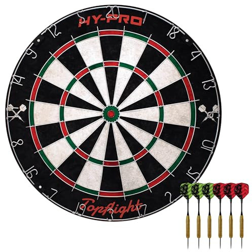 Hy-Pro Topflight Dartset med professionella dartpilar med sisalyta, Bullseye, utan häftklamrar, rörlig tråd, 6 dartpilar med 18 g stålspets, monteringssats för väggmontering, inomhus och