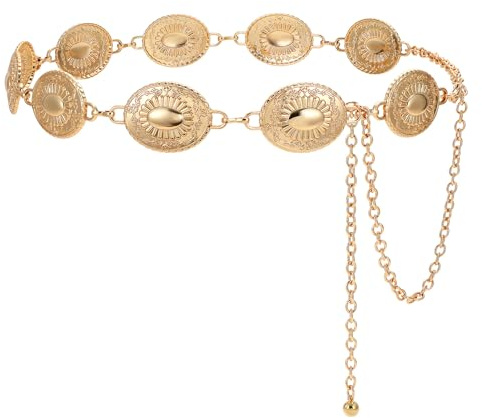 LEACOOLKEY Women Western Concho Metal Chain Belt Cowgirl Boho Waist Belt for Dress Jeans,Gold
