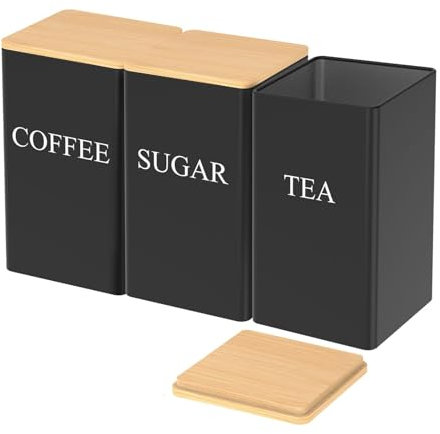RETUOLWAG Juego de 3 botes de hierro resistentes con tapas de bambú para café y azúcar, gran capacidad, estilo vintage, almacenamiento de cocina